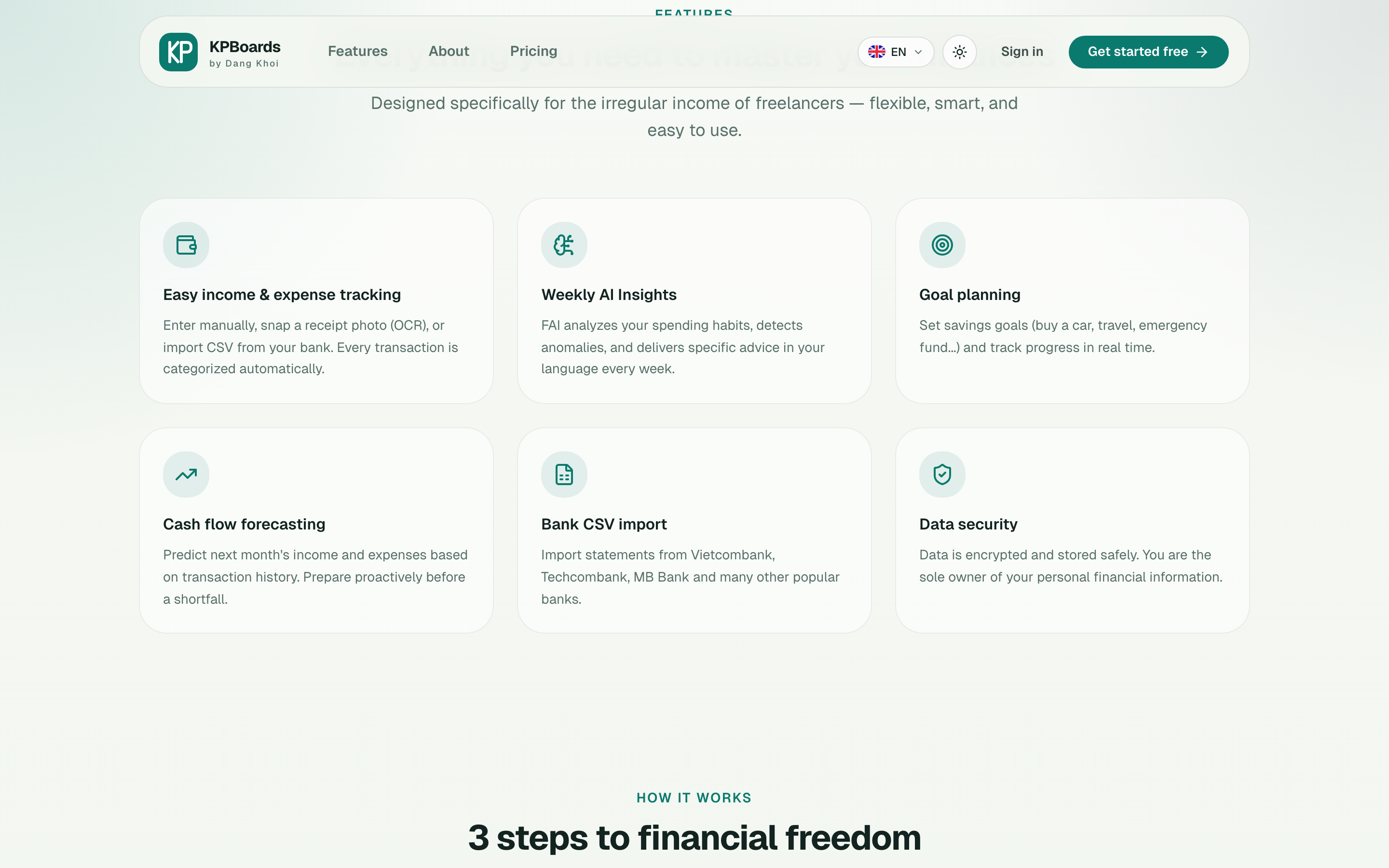 Features grid: receipt OCR, AI weekly insights, goal planning, cashflow forecast, bank CSV import, data security