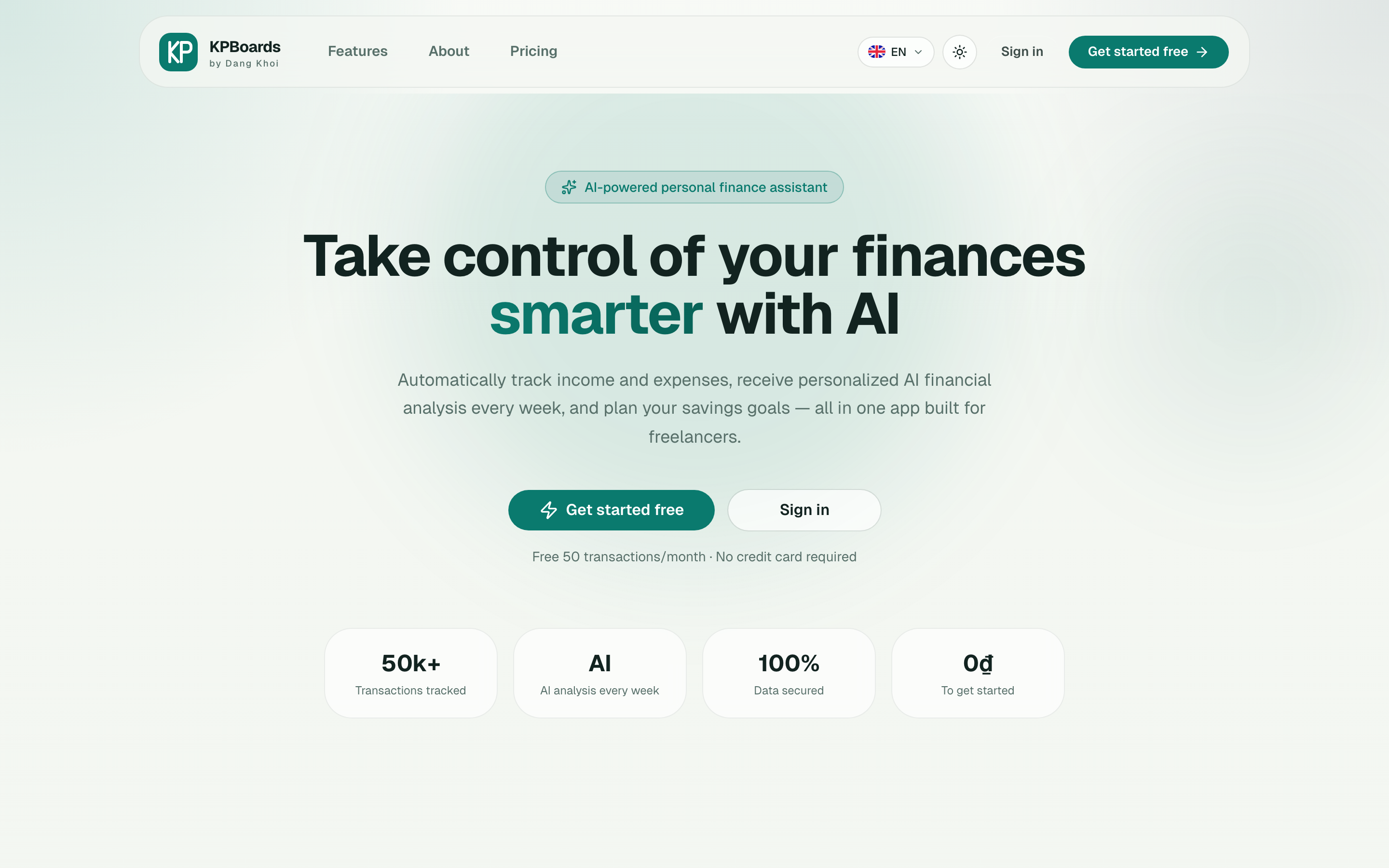 FinanceAI hero - smart financial control with AI, 50k+ tracked transactions, AI weekly insights, 100% data secured