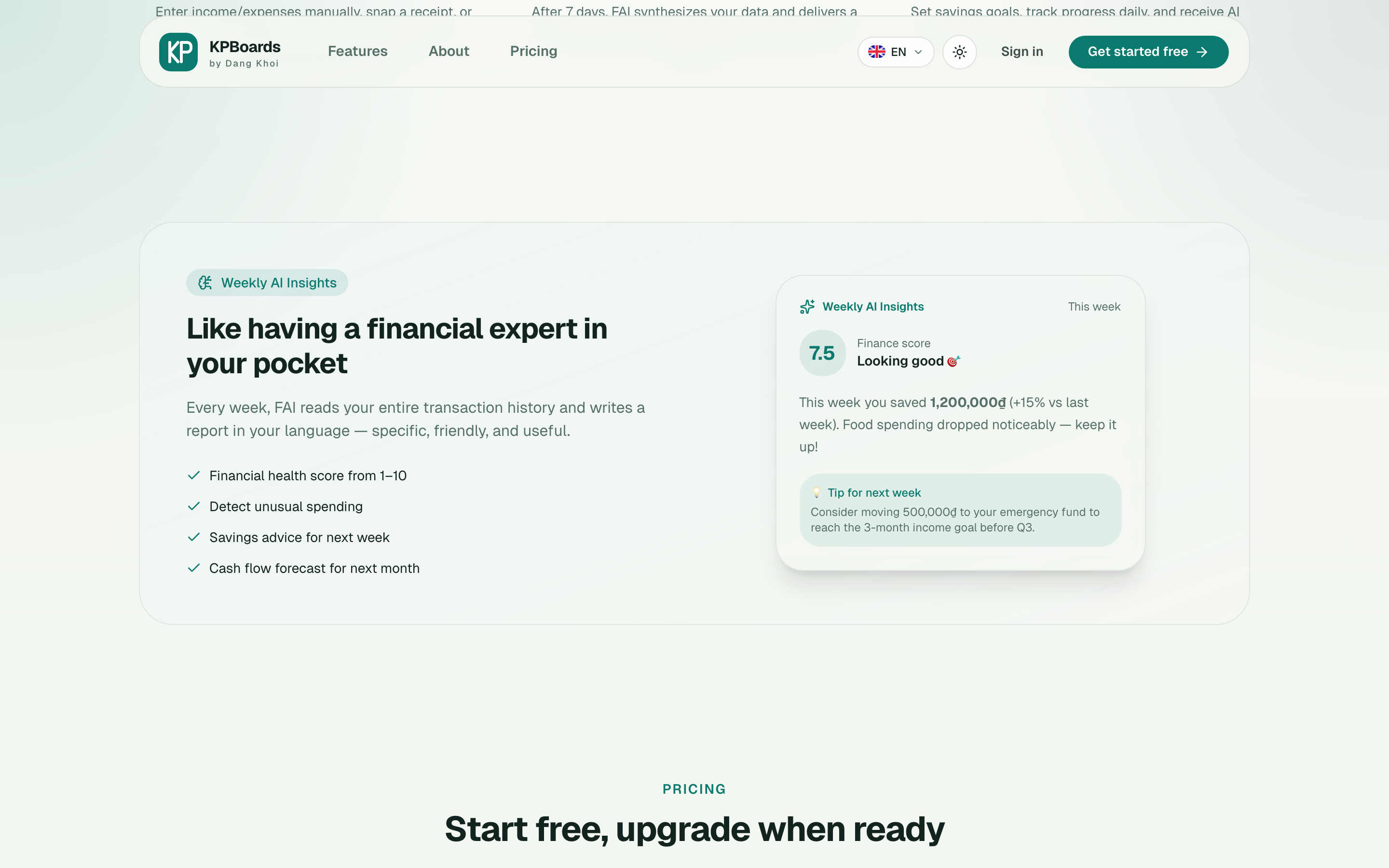 AI Insights weekly with 'Like a financial expert in your pocket' - financial health score 7.5, this week saved 1.2M VND +15%