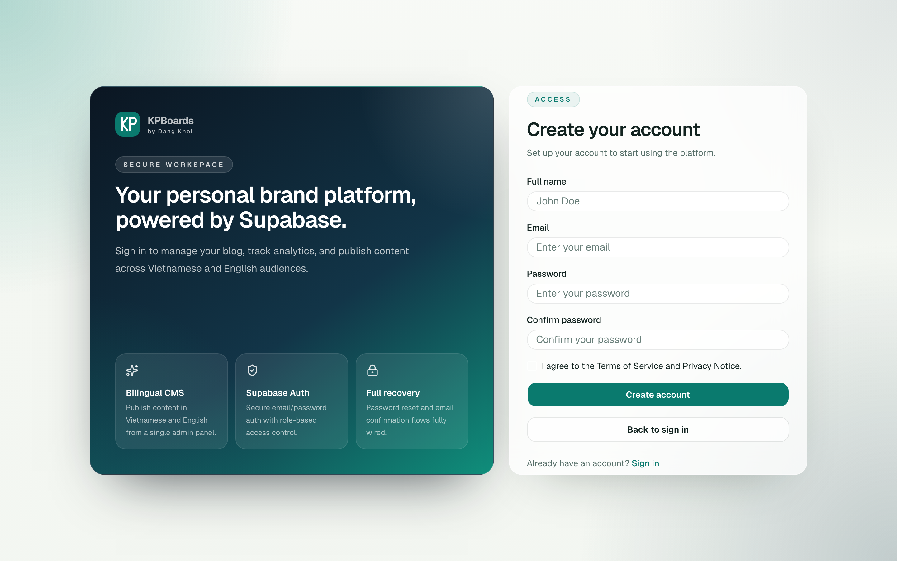 FinanceAI register flow with VN/EN i18n, OAuth, password strength meter