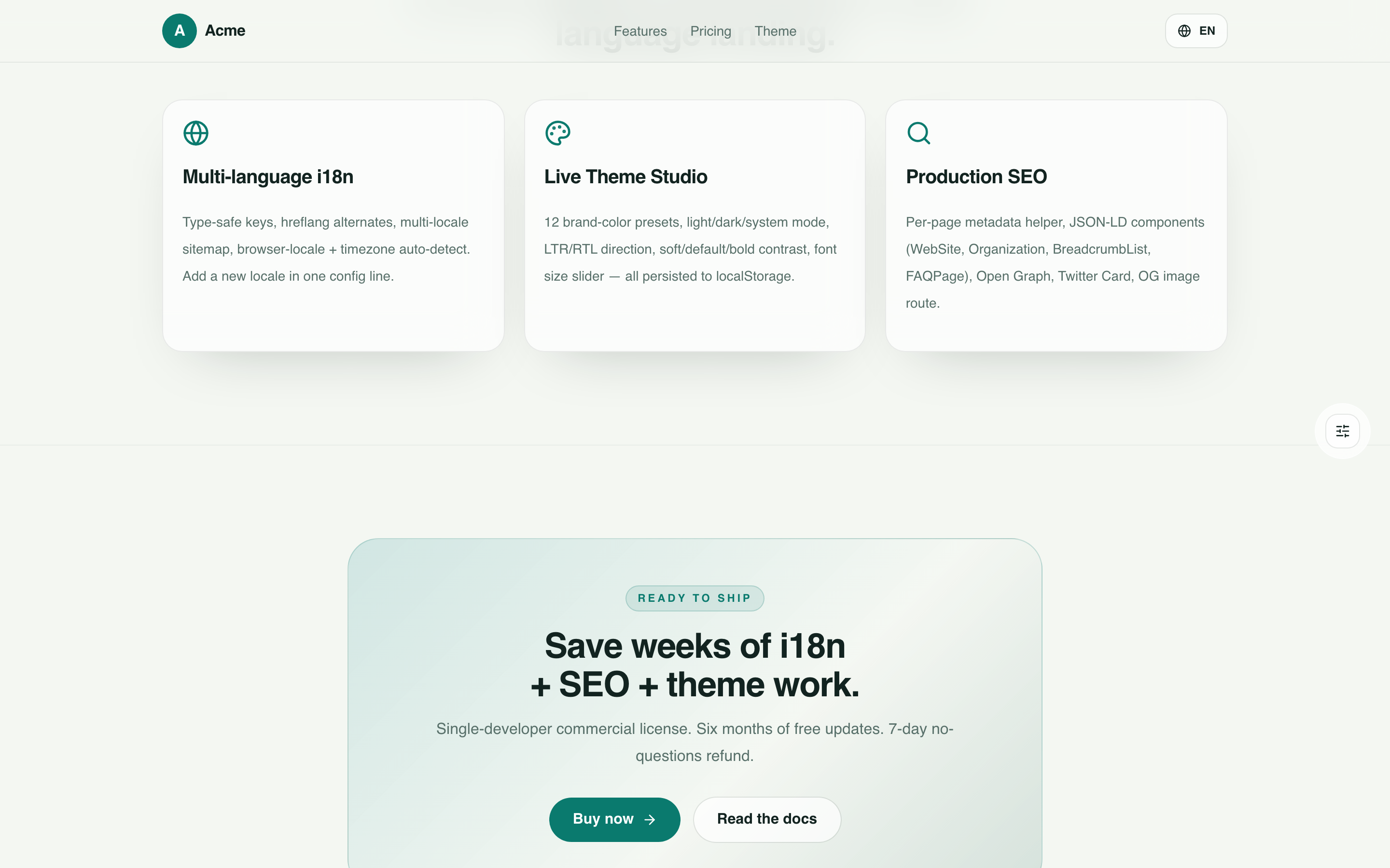 Three feature pillars: multi-language i18n, live Theme Studio, production-ready SEO