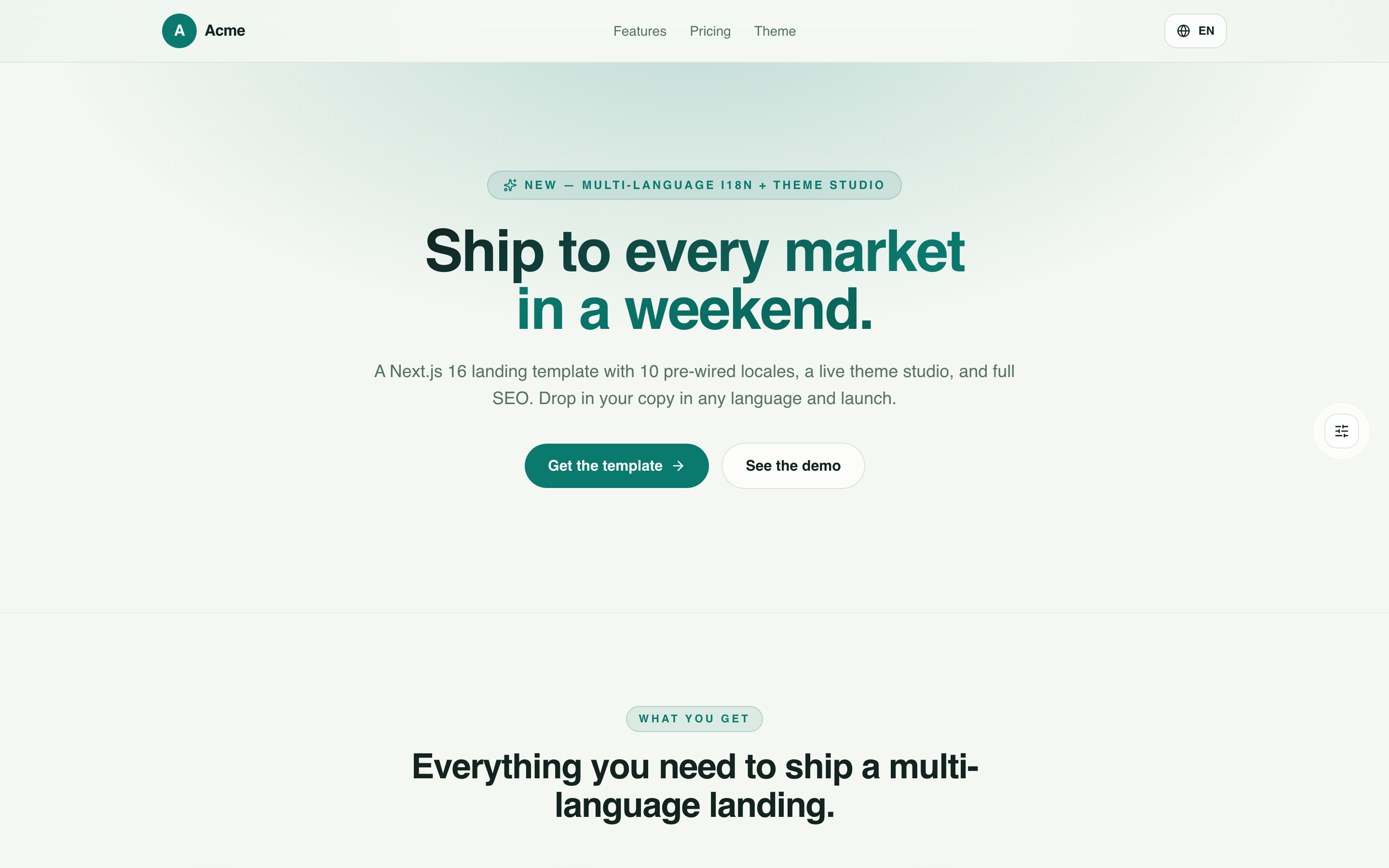 Multi-language Landing Starter hero - tagline 'Ship to every market in a weekend'