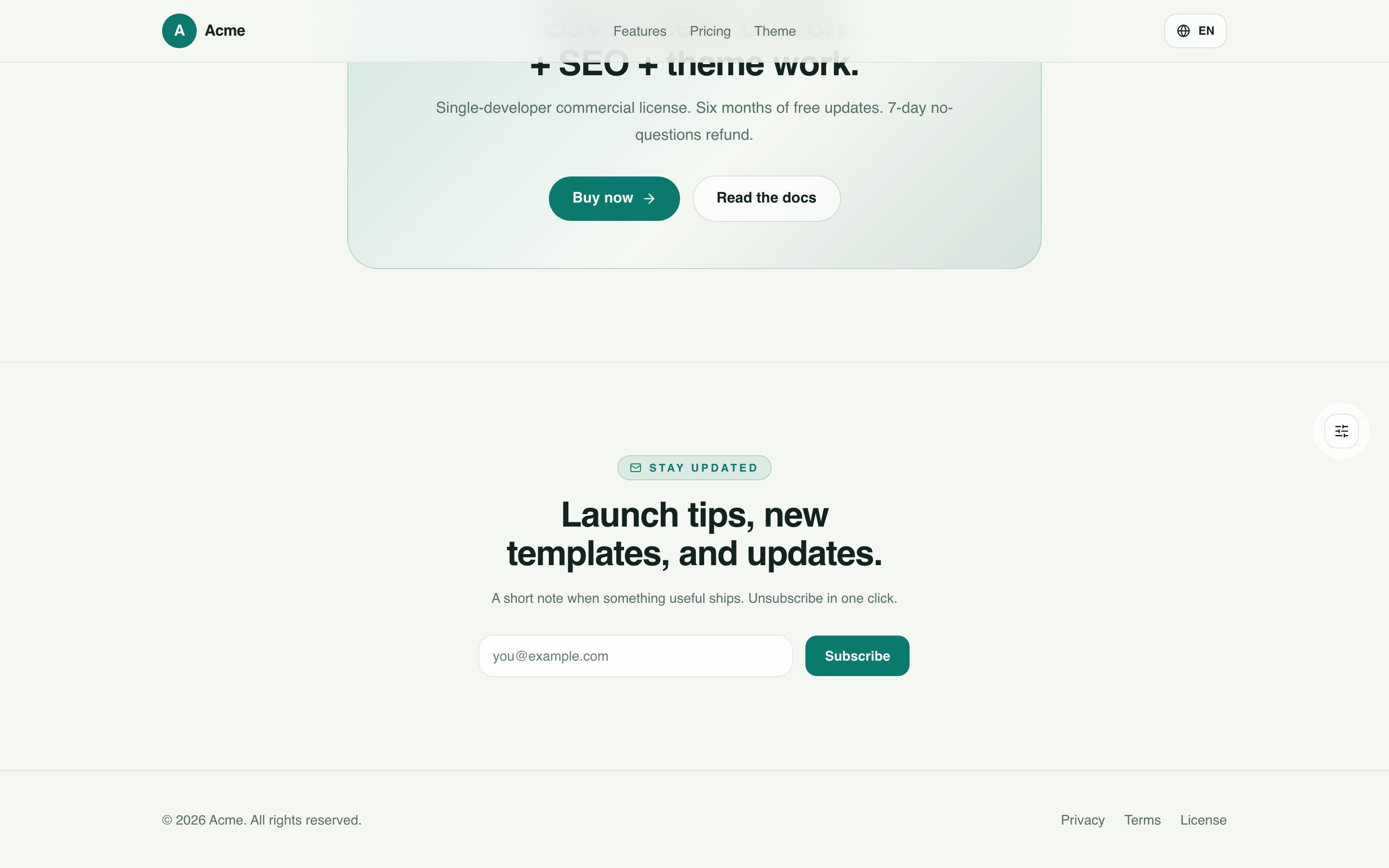 Newsletter capture with Buy + Read docs CTAs, single-developer commercial license, 7-day refund