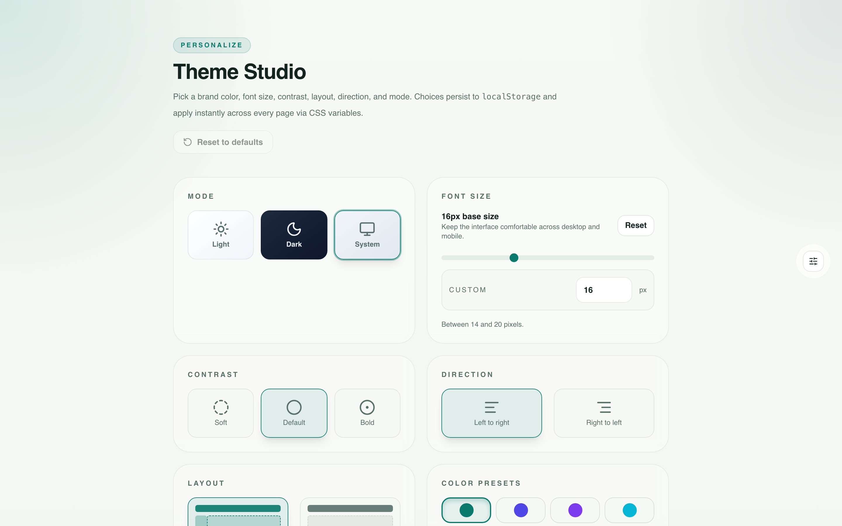 Live Theme Studio - light/dark/system mode, contrast, layout, font size, color presets